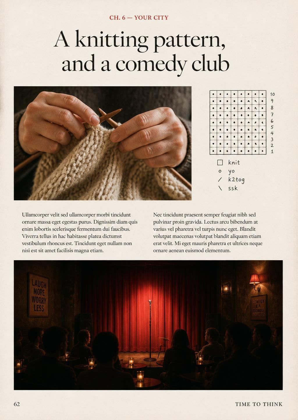 Interior page: Your City — a knitting pattern and a comedy club night